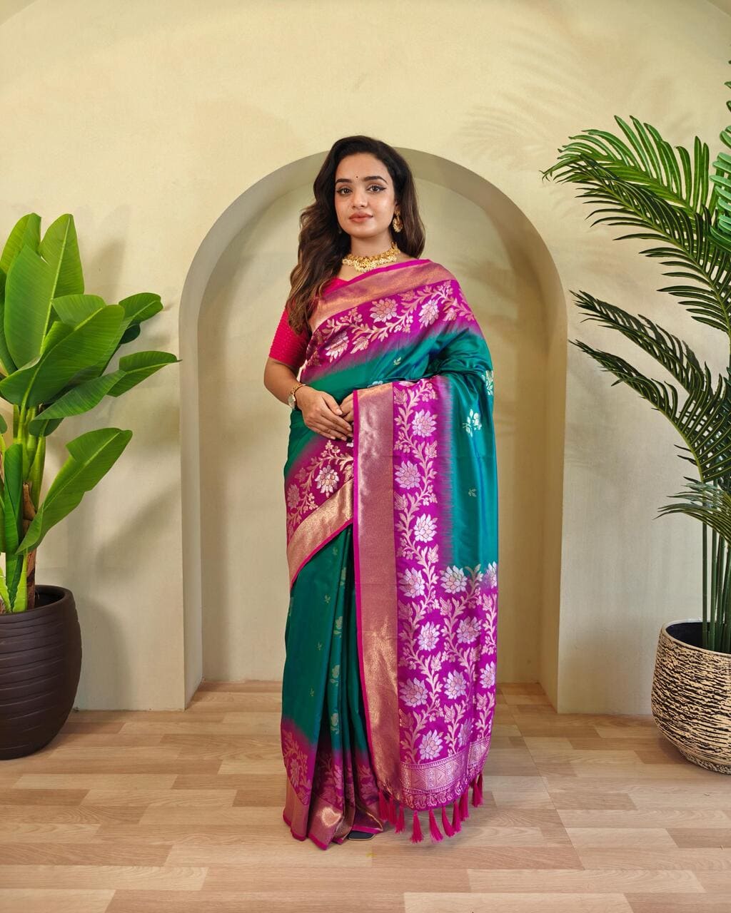 Elegant Rama silk saree with tassels and zari work, perfect for wedding and festive wear