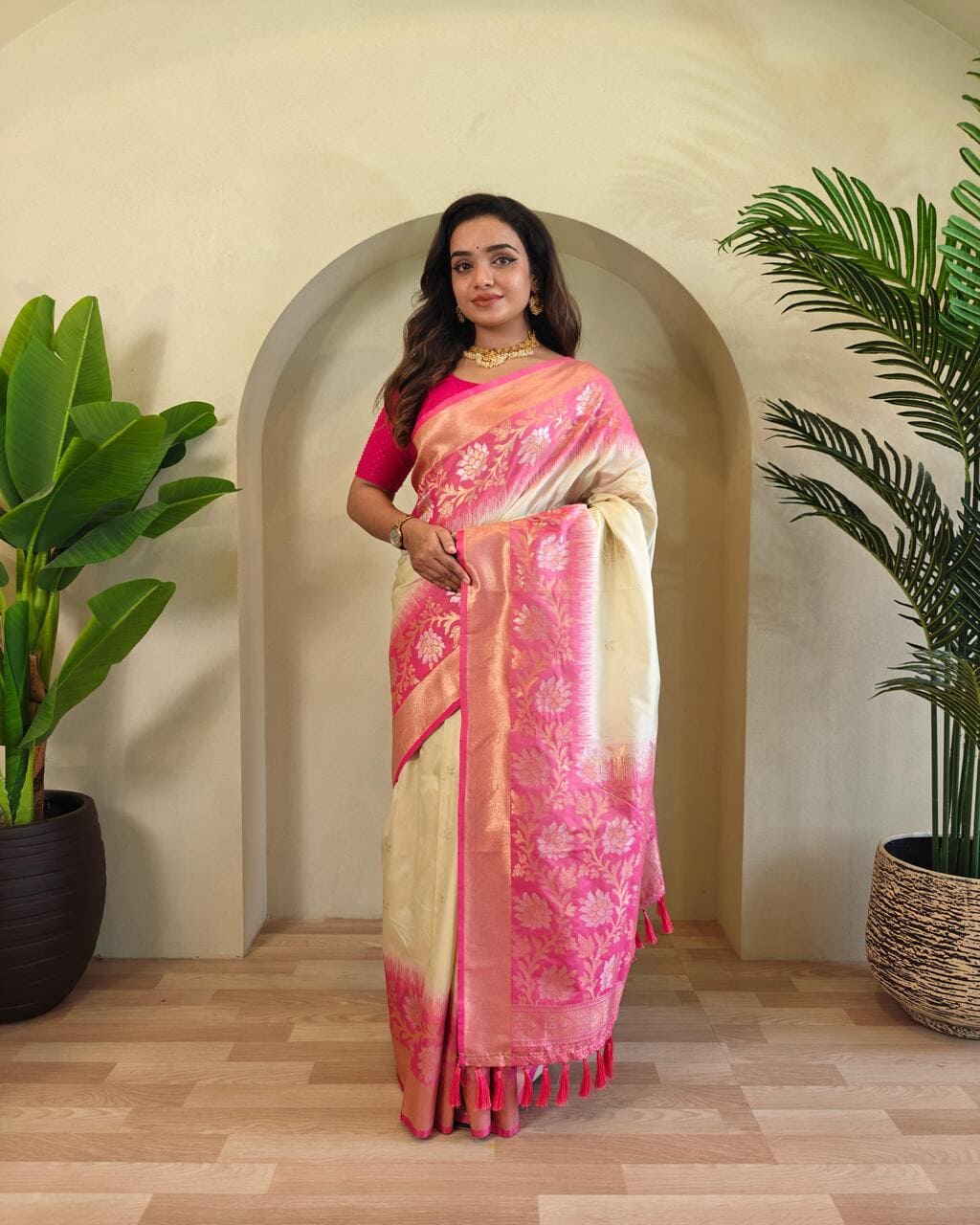 Traditional Cream Silk Saree with Elegant Tassel Pallu