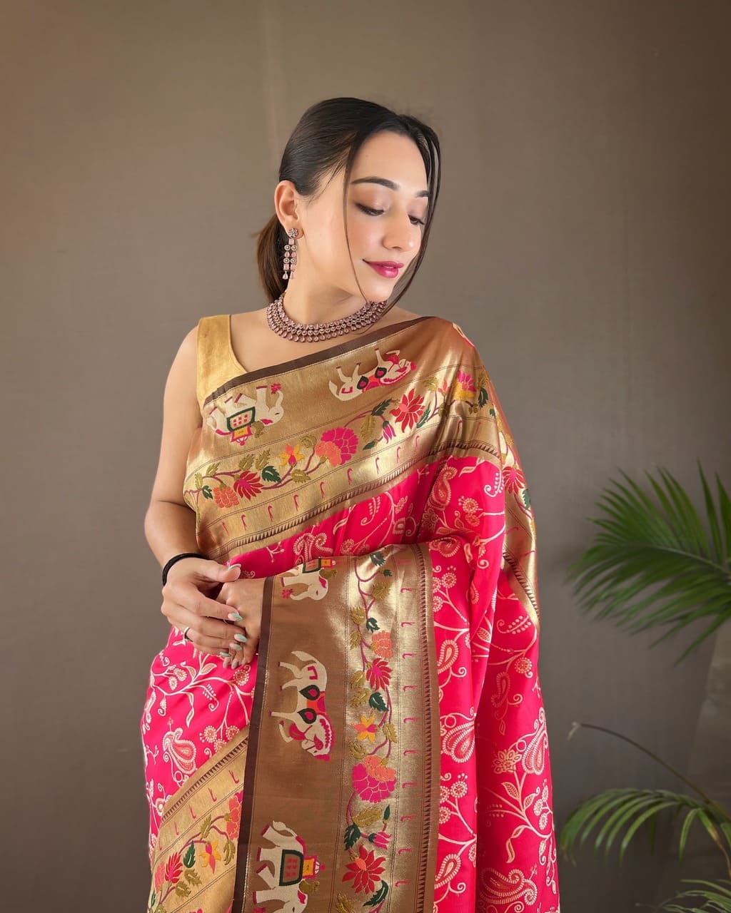Pink Paithani Saree with Meenakari Pallu, golden zari and Patola style for weddings