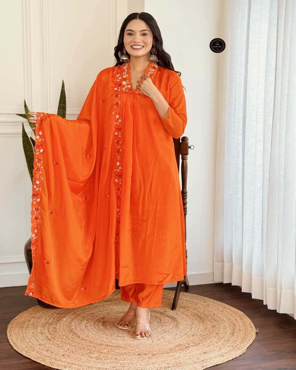 Orange round kurta set with chinon fabric and embroidery work for festive occasions