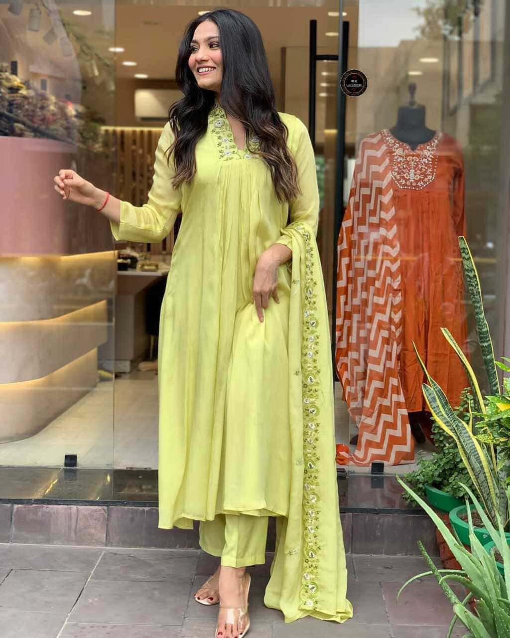 Parrot green round kurta set with embroidery work in chinon fabric for festive wear