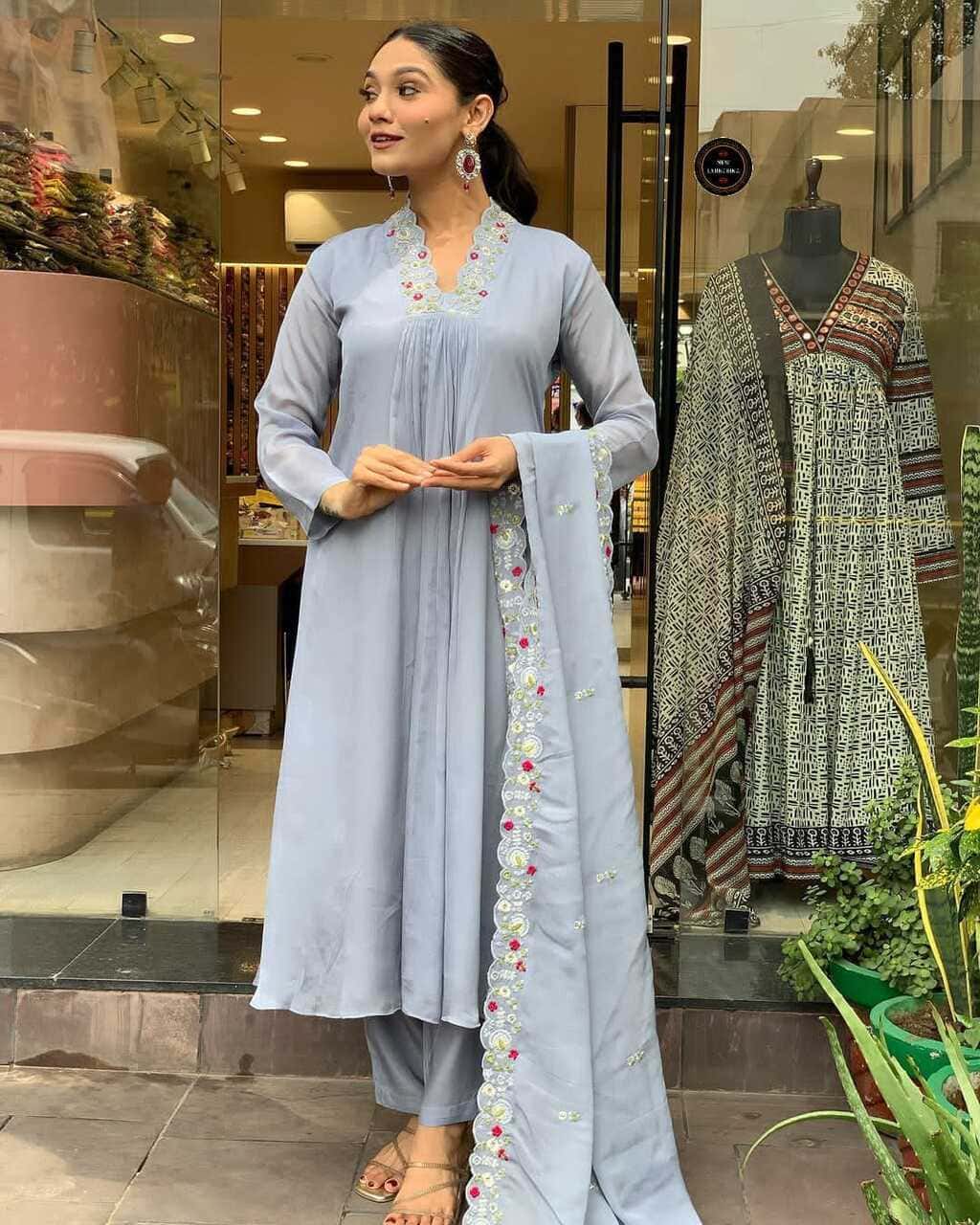 Designer sky color round kurta set with dupatta for women, perfect for festive wear