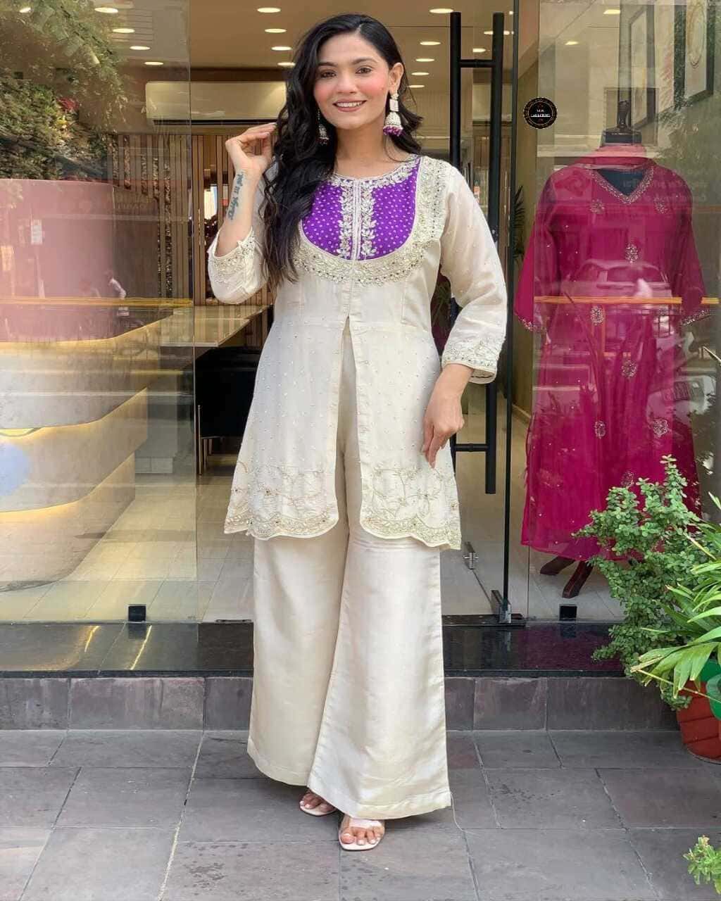 Elegant Purple with Cream Round Kurta Set for Women with Embroidery and Festive Look