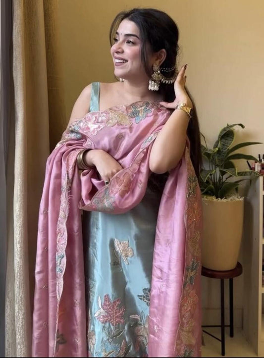 Latest Pink with Rama Circular Plazzo Suit with Beautiful Embroidery Work