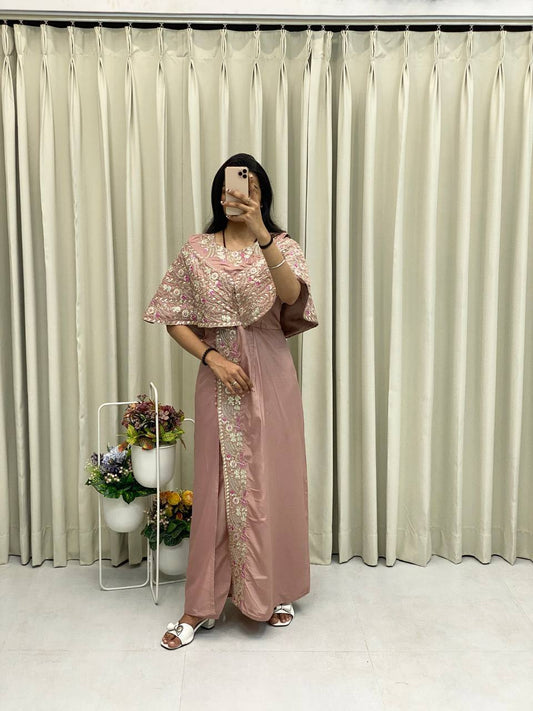 Elegant Dusty Rose Gown with Fancy Embroidery for Parties