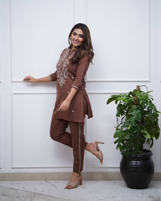 Trendy Chocolate Brown Co-Ord Set Summer Running Wear with Embroidery