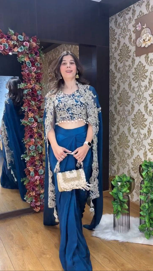 Designer blue Indo Western outfit for women with stylish koti, blouse and draped dhoti