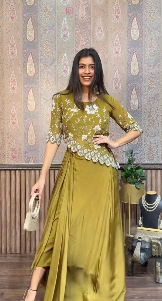 Trendy mehndi two piece Indo Western outfit with embroidered top and draped dhoti skirt