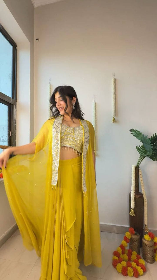 Elegant mustard three piece Indo Western outfit for women with dhoti, blouse and koti