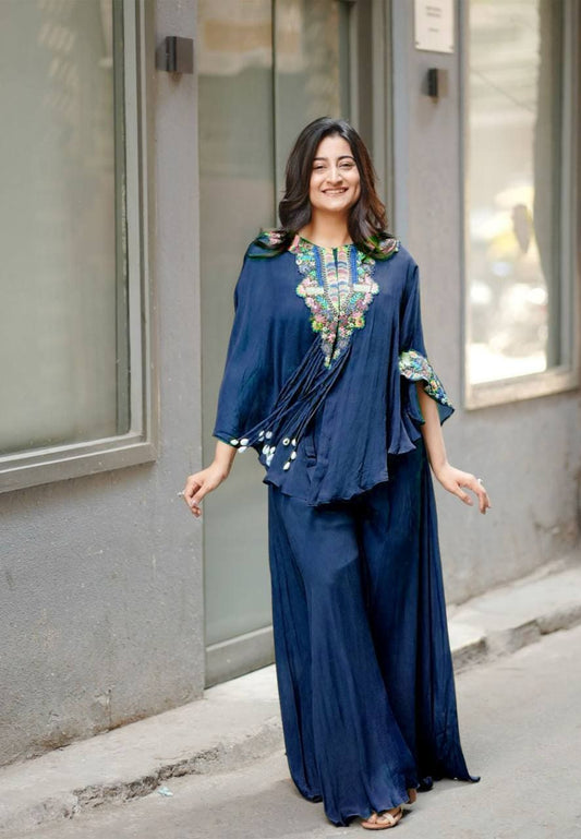 Blue three piece Indo Western outfit for women - stylish wedding and festive wear