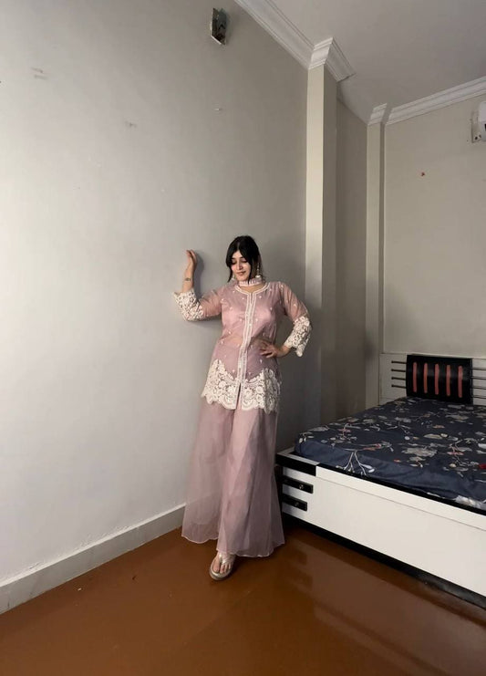 Light pink Indo Western four piece outfit for women, perfect for wedding and festive wear