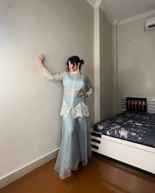Firozi four piece Indo Western outfit for wedding and festive wear