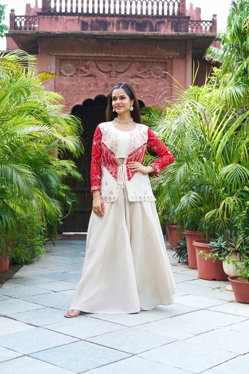 Red koti plazzo Indo Western outfit for women with cream blouse, perfect for weddings