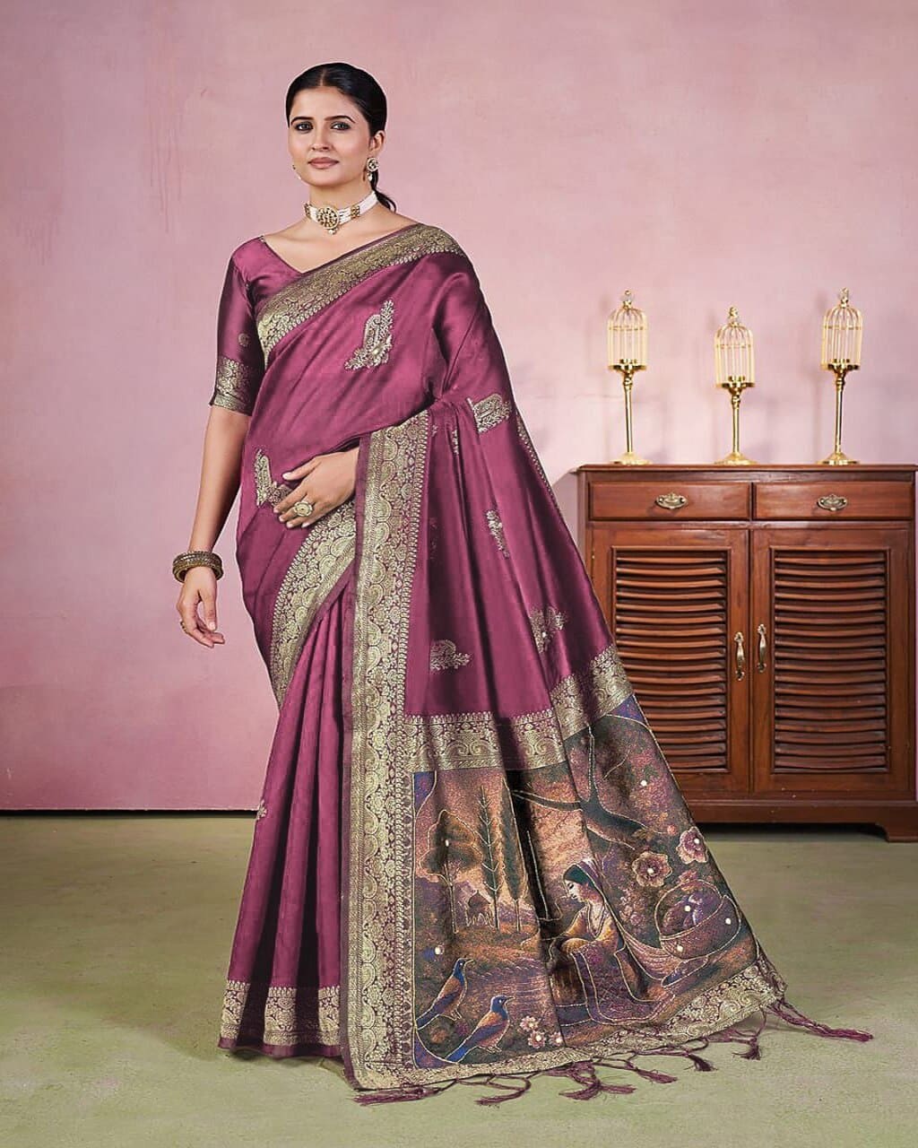 Luxury Wine Saree with zari weaving and heavy hand work, perfect for wedding wear