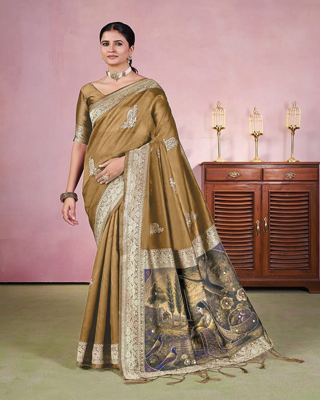 Golden Brown saree with zari weaving, heavy handwork, perfect for wedding wear