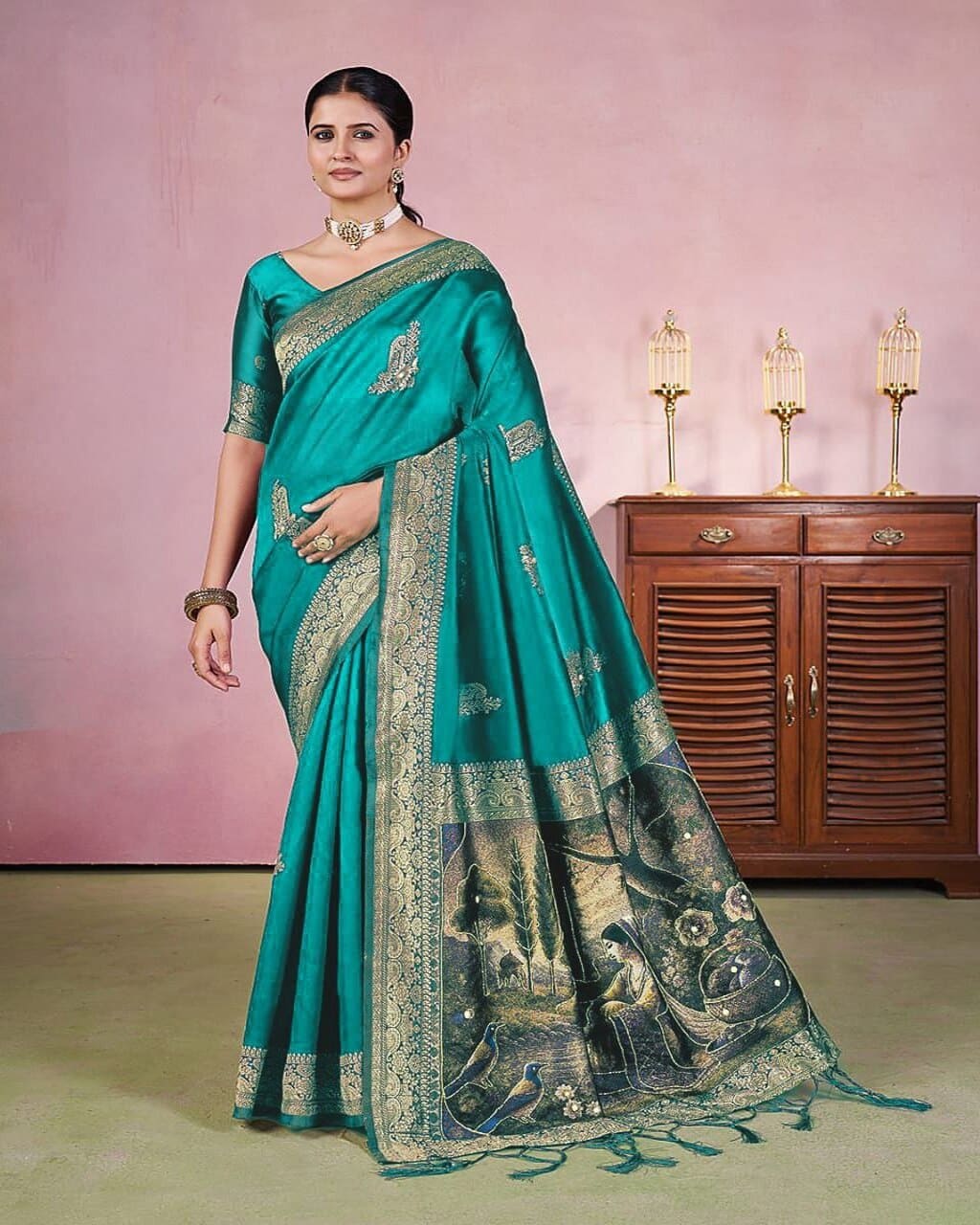 Rama color Jacquard saree with heavy handwork, zari pallu – perfect for weddings