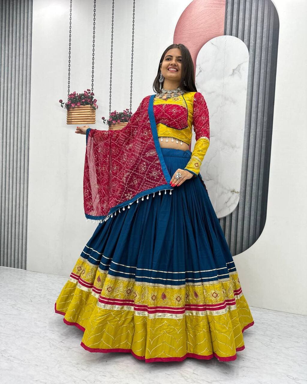 Blue Navratri Lehenga Choli with Mirror Work and Embroidery for Dandiya Nights
