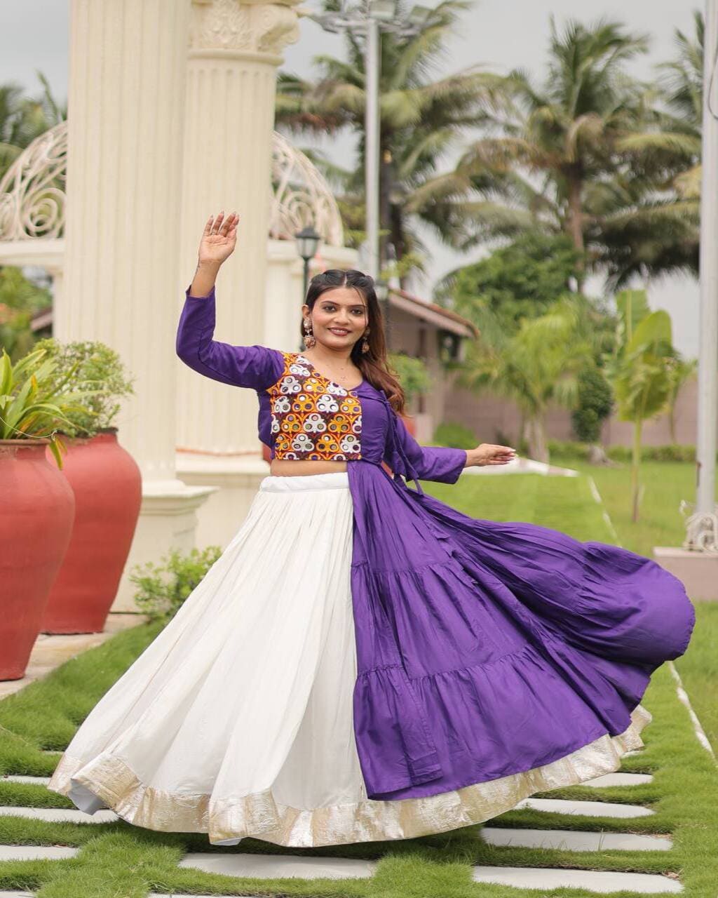 Purple gamthi mirror work lehenga choli in cotton fabric for Navratri and Garba nights