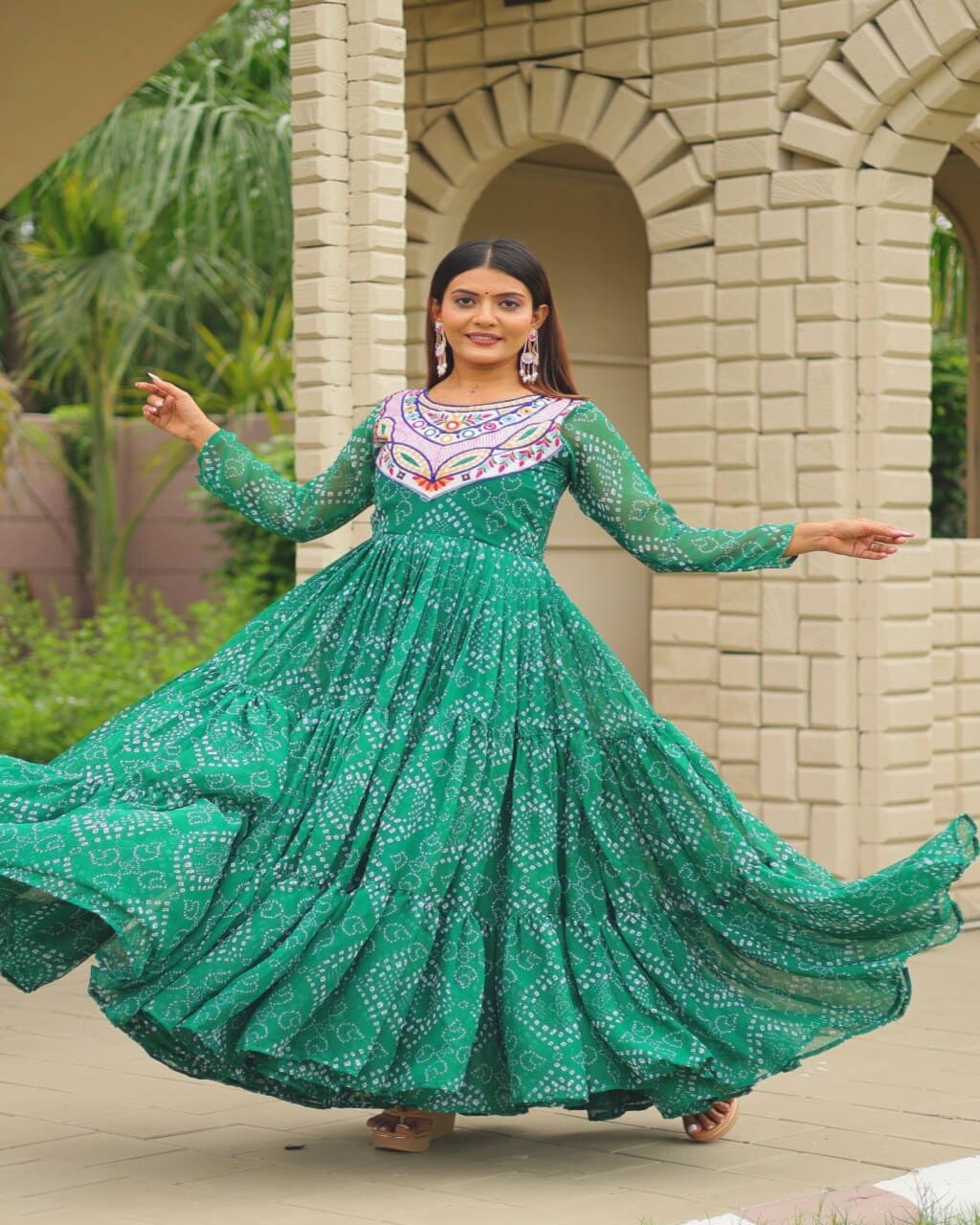 Green Gown in Faux Georgette with Embroidery Mirror Work for Navratri Style