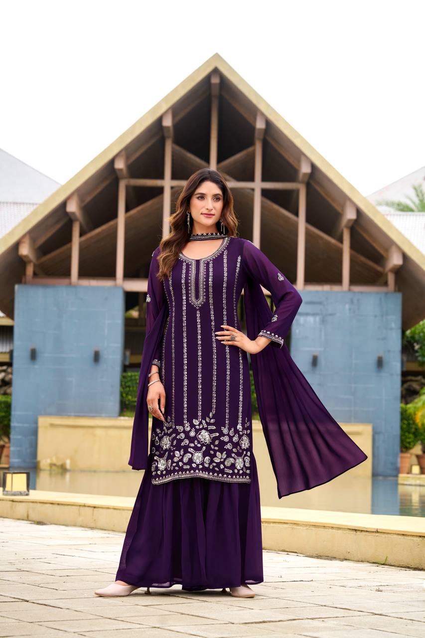 Elegant Purple Georgette Sharara Suit Set for Weddings