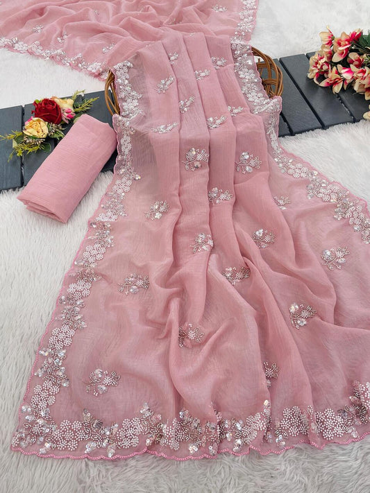 Peach Heavy Handwork Saree for Wedding and Party Wear