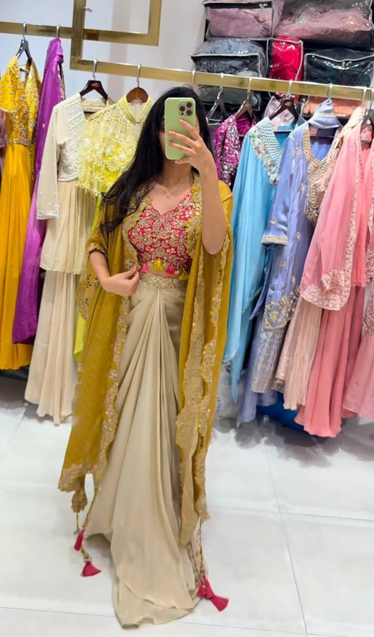 Elegant Mustard Three Piece Outfit with Fancy Shrug – Festive Ready