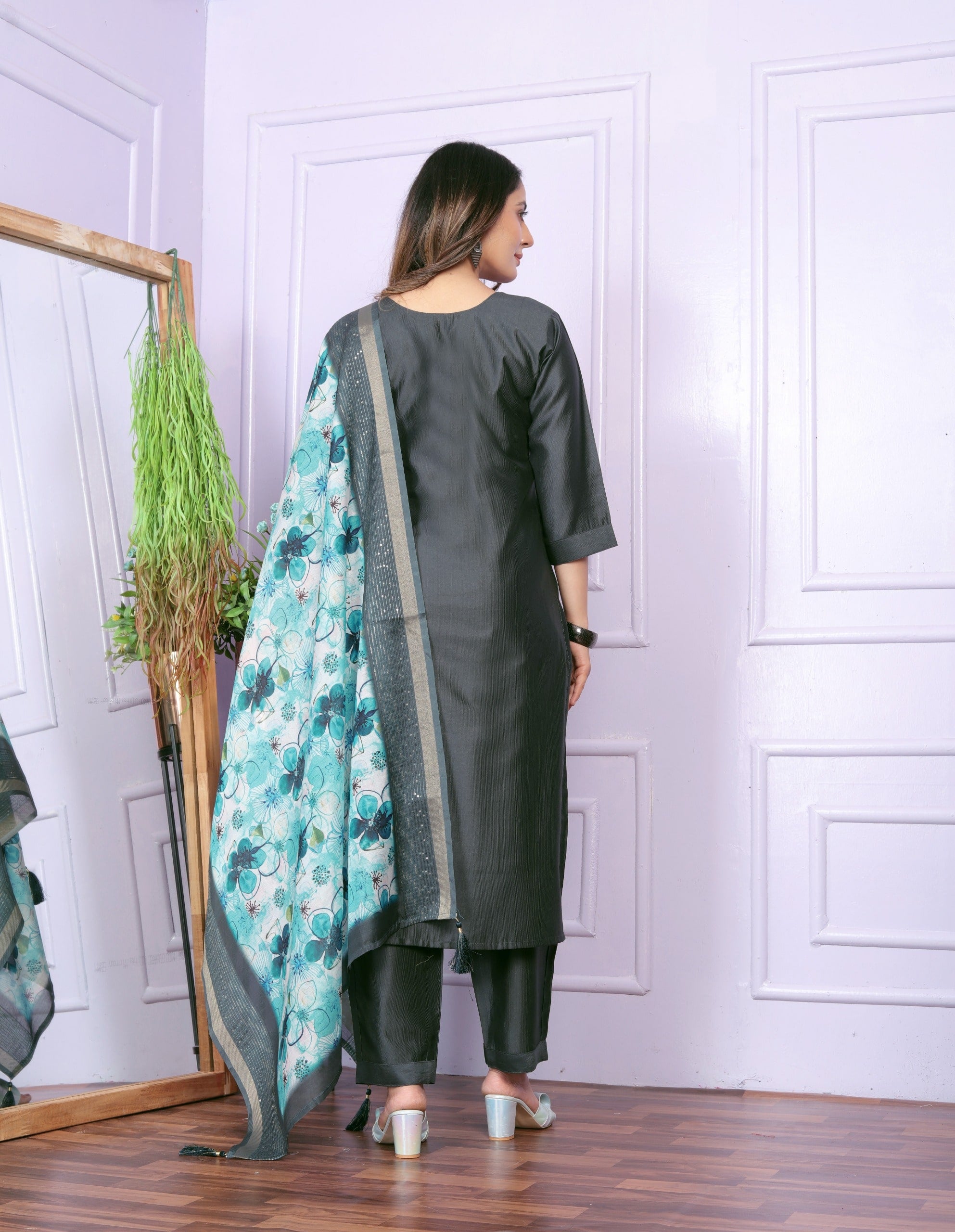 Unique Hand Work Straight Kurti with Pant and Dupatta Set