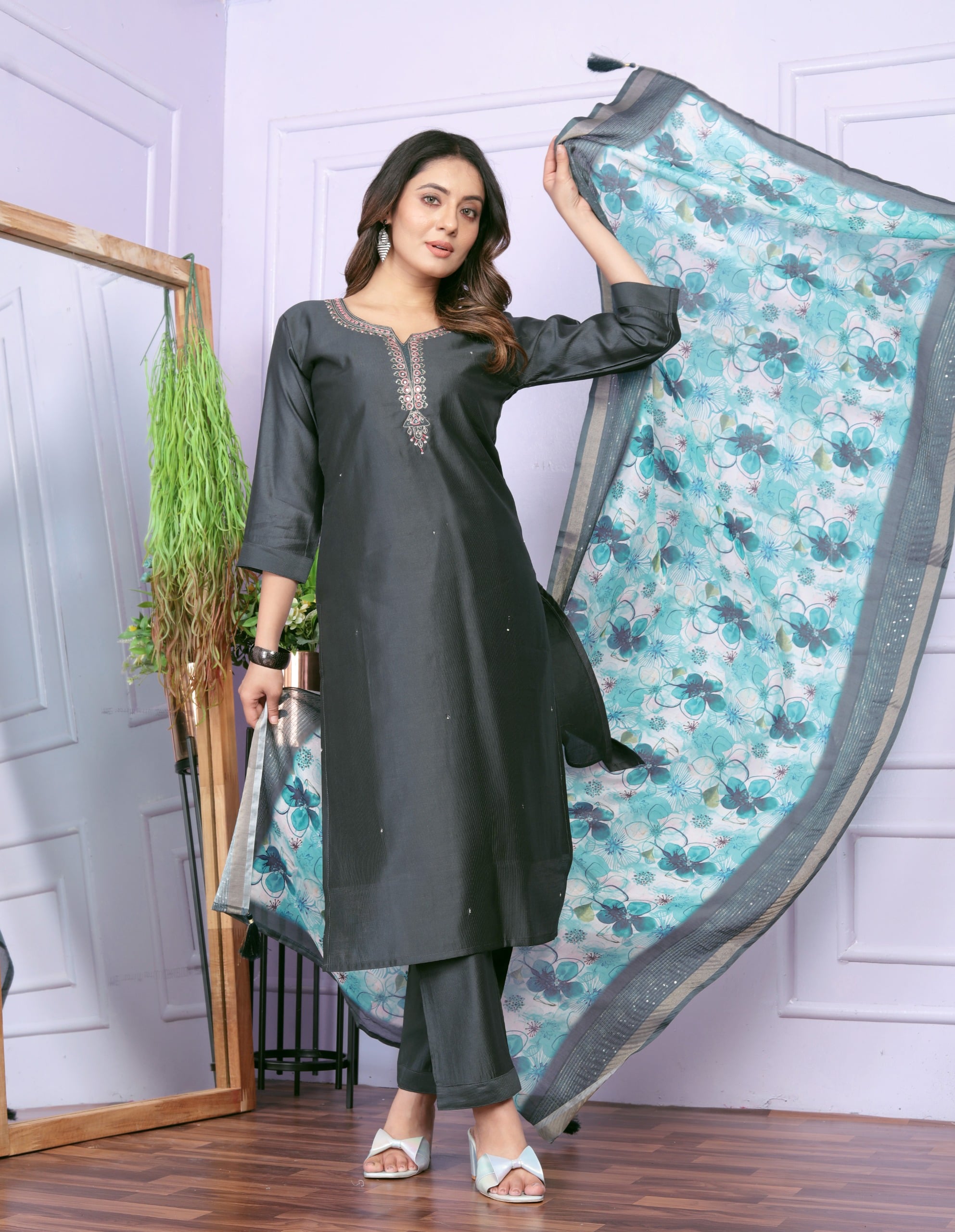 Unique Hand Work Straight Kurti with Pant and Dupatta Set