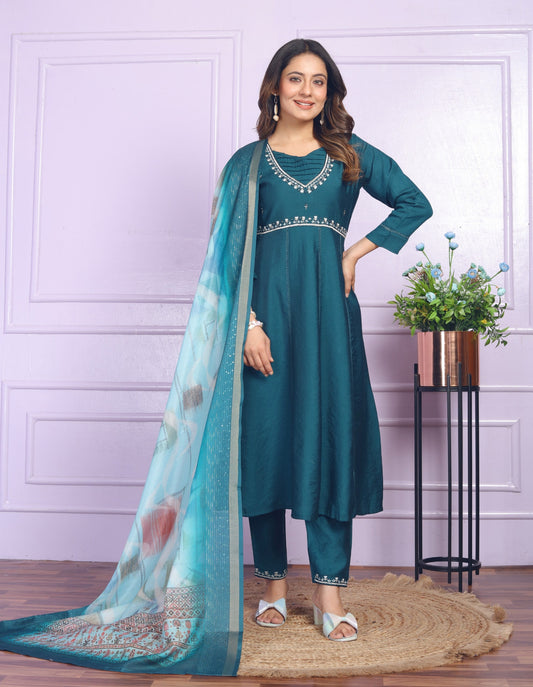 Heavy Viscose Slub Round Kurti & Pant Set with Dupatta