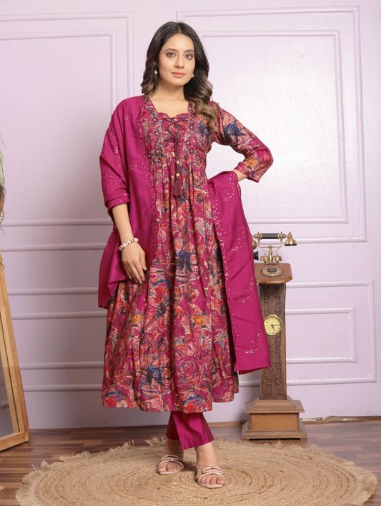 Modak Silk Fancy Neck Round Kurti and Pant Set with Dupatta