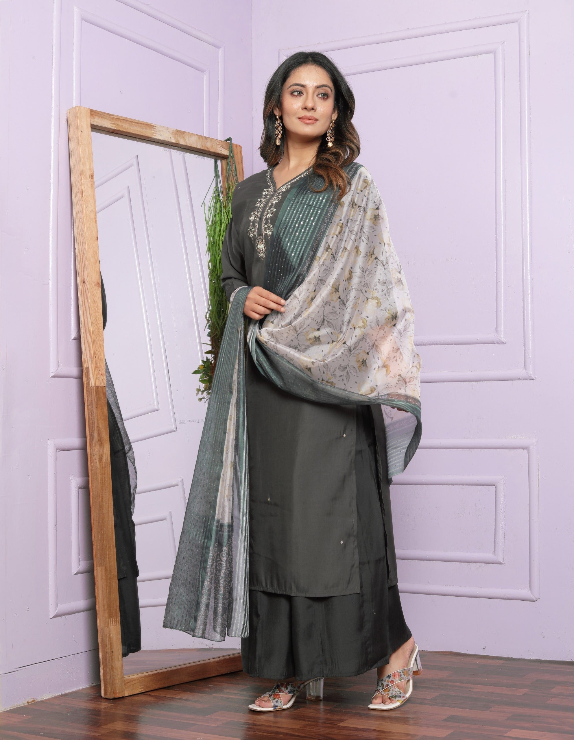 Fancy Neck Straight Kurti  Plazzo With Dupatta Pair