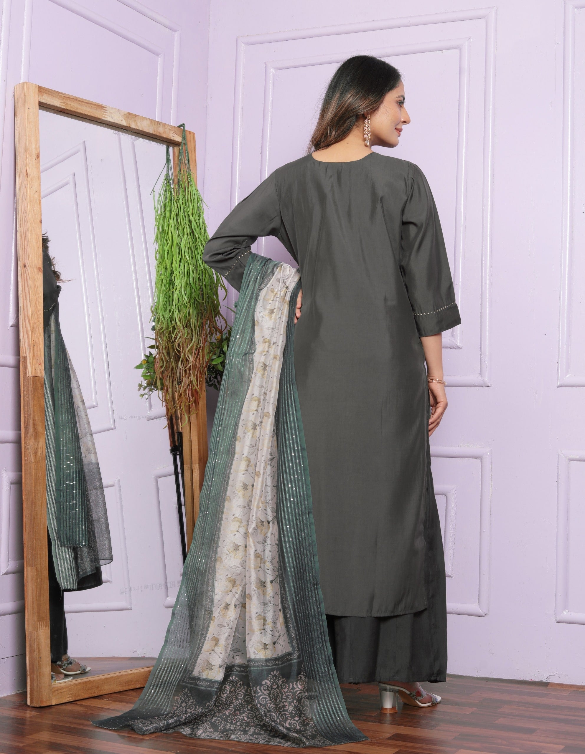 Fancy Neck Straight Kurti  Plazzo With Dupatta Pair