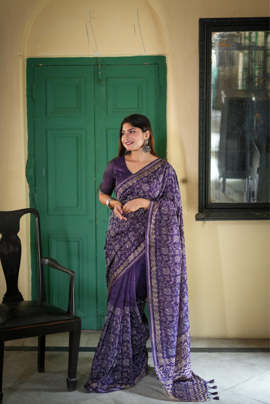 Unique Embroidery Work with Batik Print Tussar Silk Saree