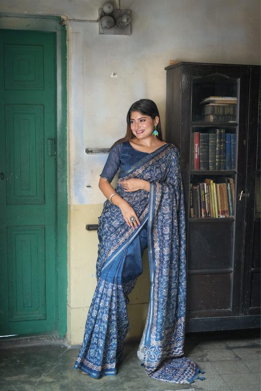 Unique Embroidery Work with Batik Print Tussar Silk Saree