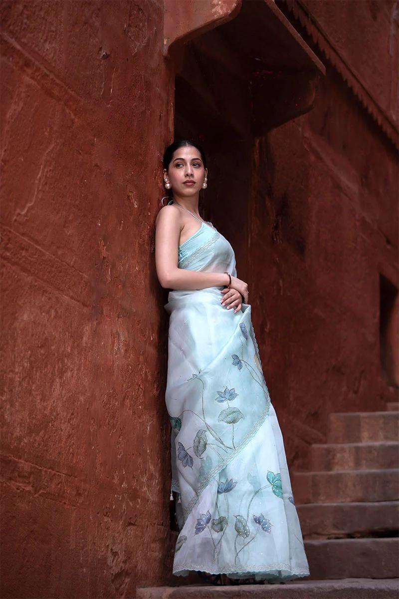 Pure Organza Firozi Digital Print with Heavy Khatli Work Saree