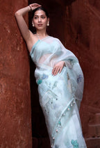 Pure Organza Firozi Digital Print with Heavy Khatli Work Saree