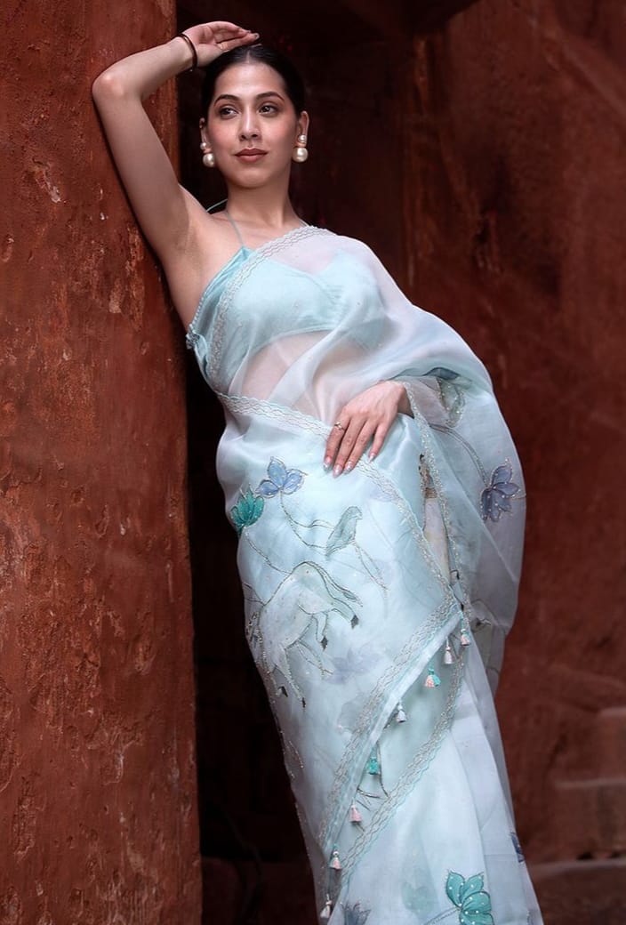 Pure Organza Firozi Digital Print with Heavy Khatli Work Saree