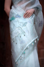 Pure Organza Firozi Digital Print with Heavy Khatli Work Saree