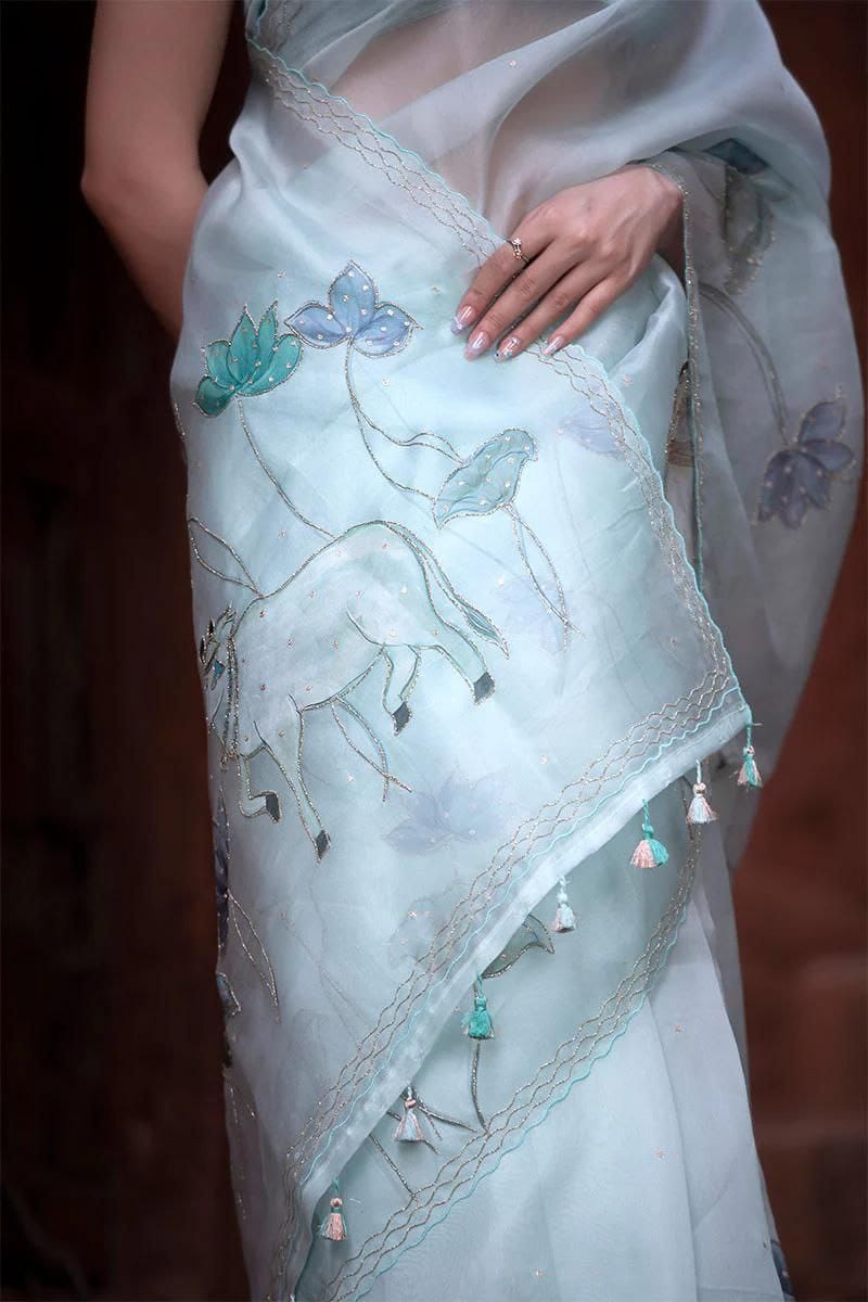 Pure Organza Firozi Digital Print with Heavy Khatli Work Saree