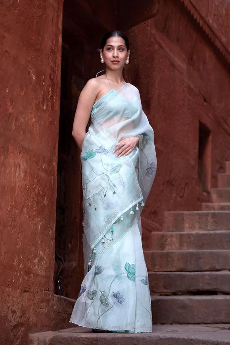 Pure Organza Firozi Digital Print with Heavy Khatli Work Saree