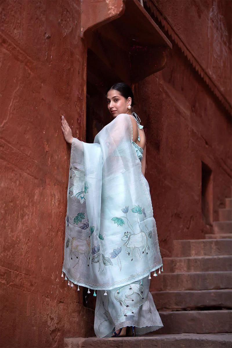 Pure Organza Firozi Digital Print with Heavy Khatli Work Saree