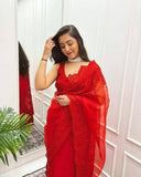 Luxurious Red Organza Saree with Fine Embroidery