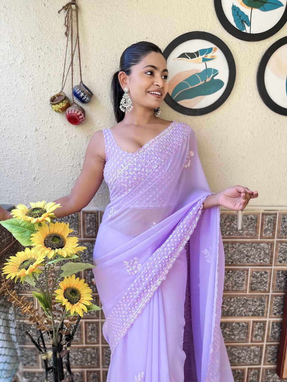 Designer Soft Georgette Purple Saree with Gorgeous Sequins Work