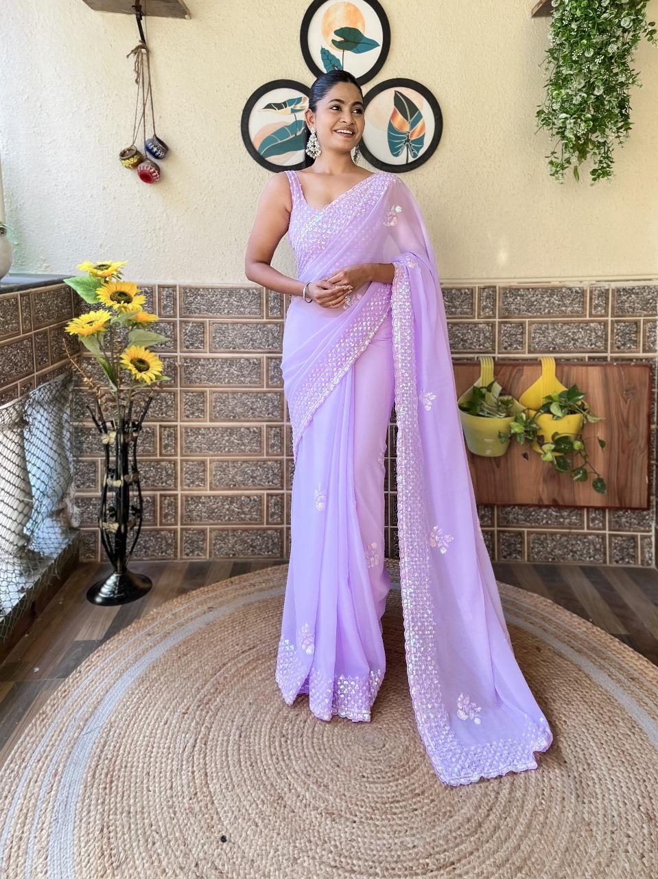 Designer Soft Georgette Purple Saree with Gorgeous Sequins Work