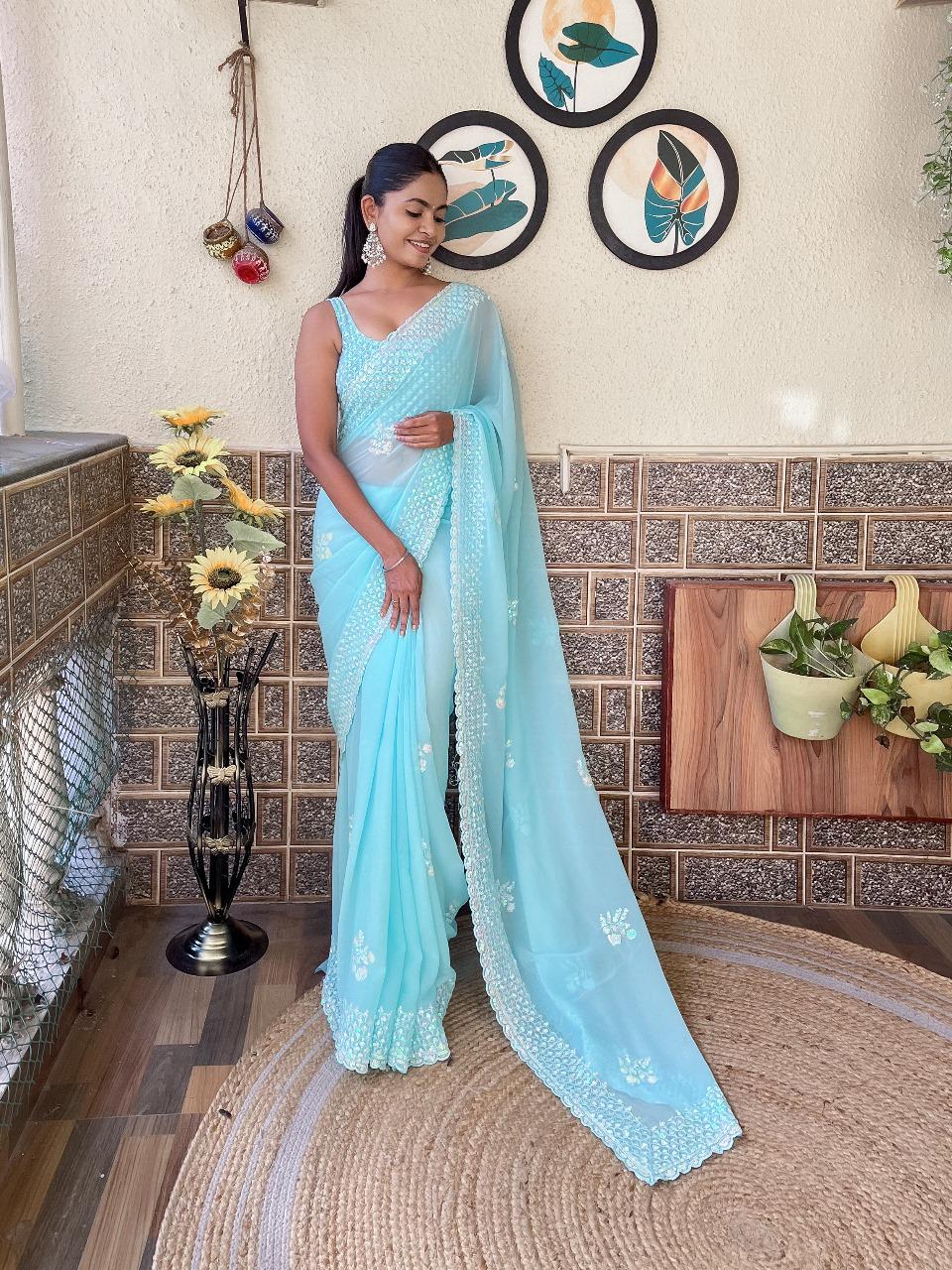 Gorgeous Firozi Soft Georgette Saree with Sequins Embroidery  Work