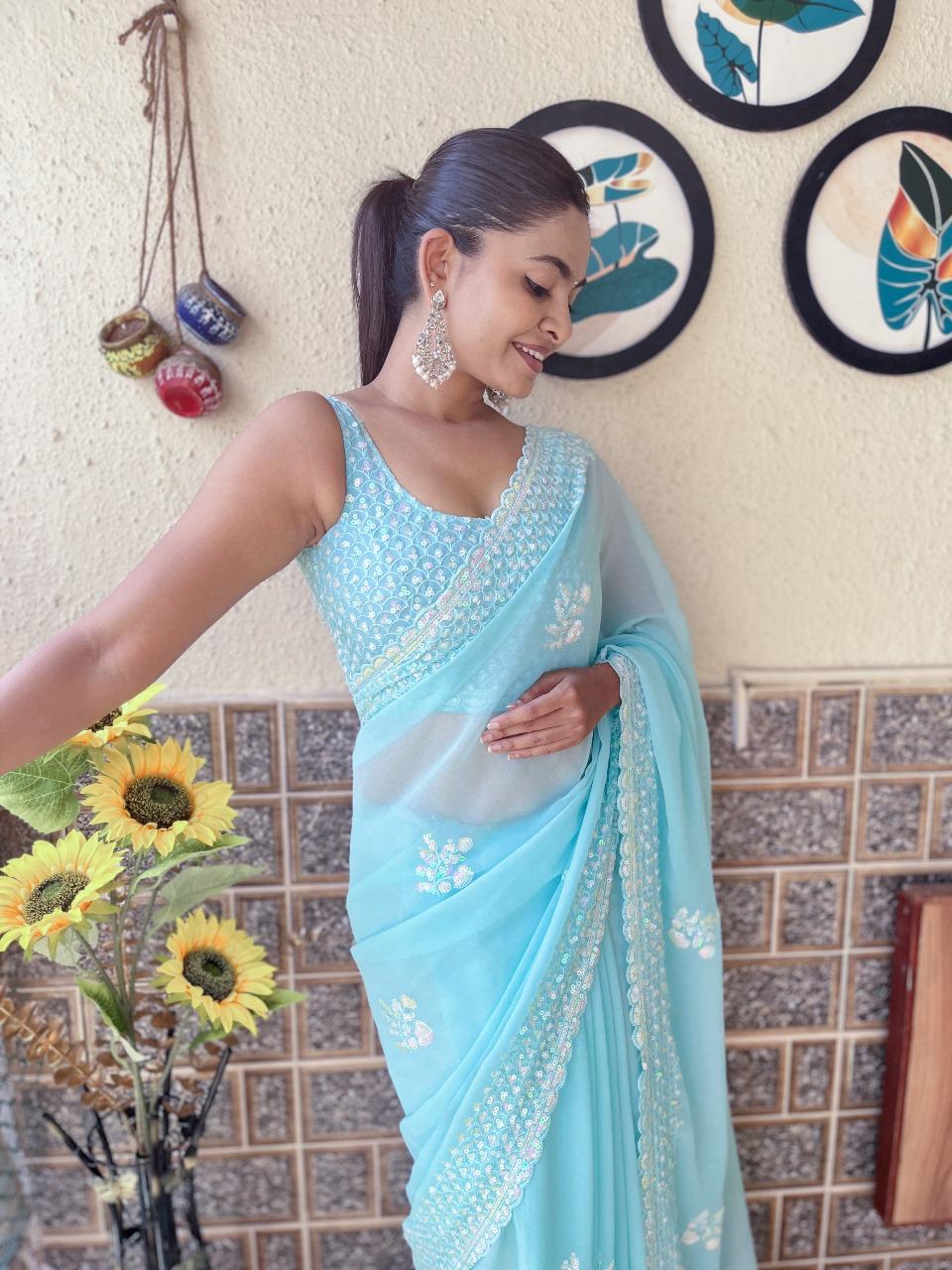 Gorgeous Firozi Soft Georgette Saree with Sequins Embroidery  Work