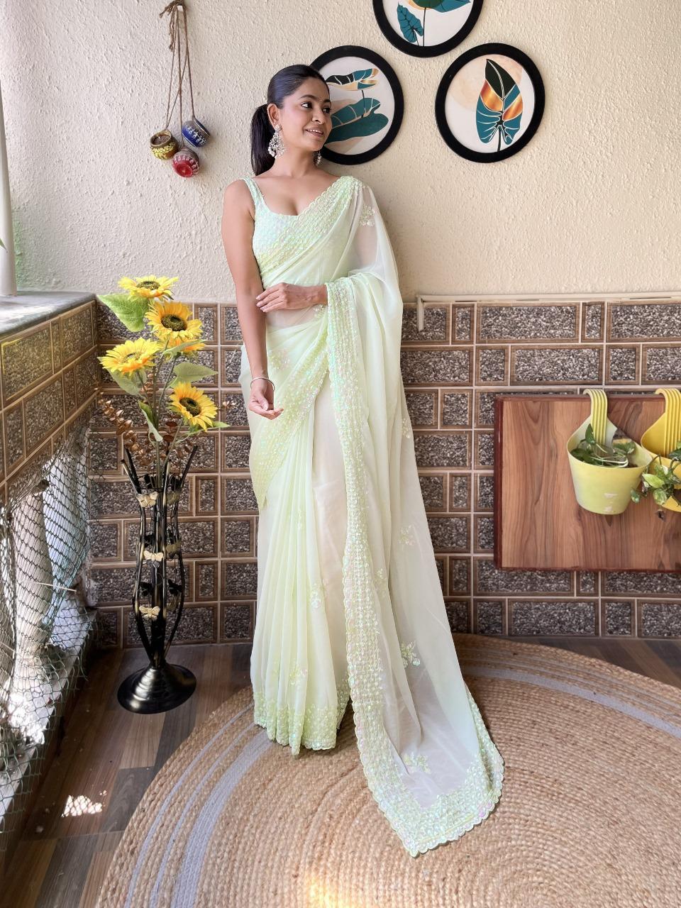 Beautiful Light Parrot Georgette Saree with Sequins Work