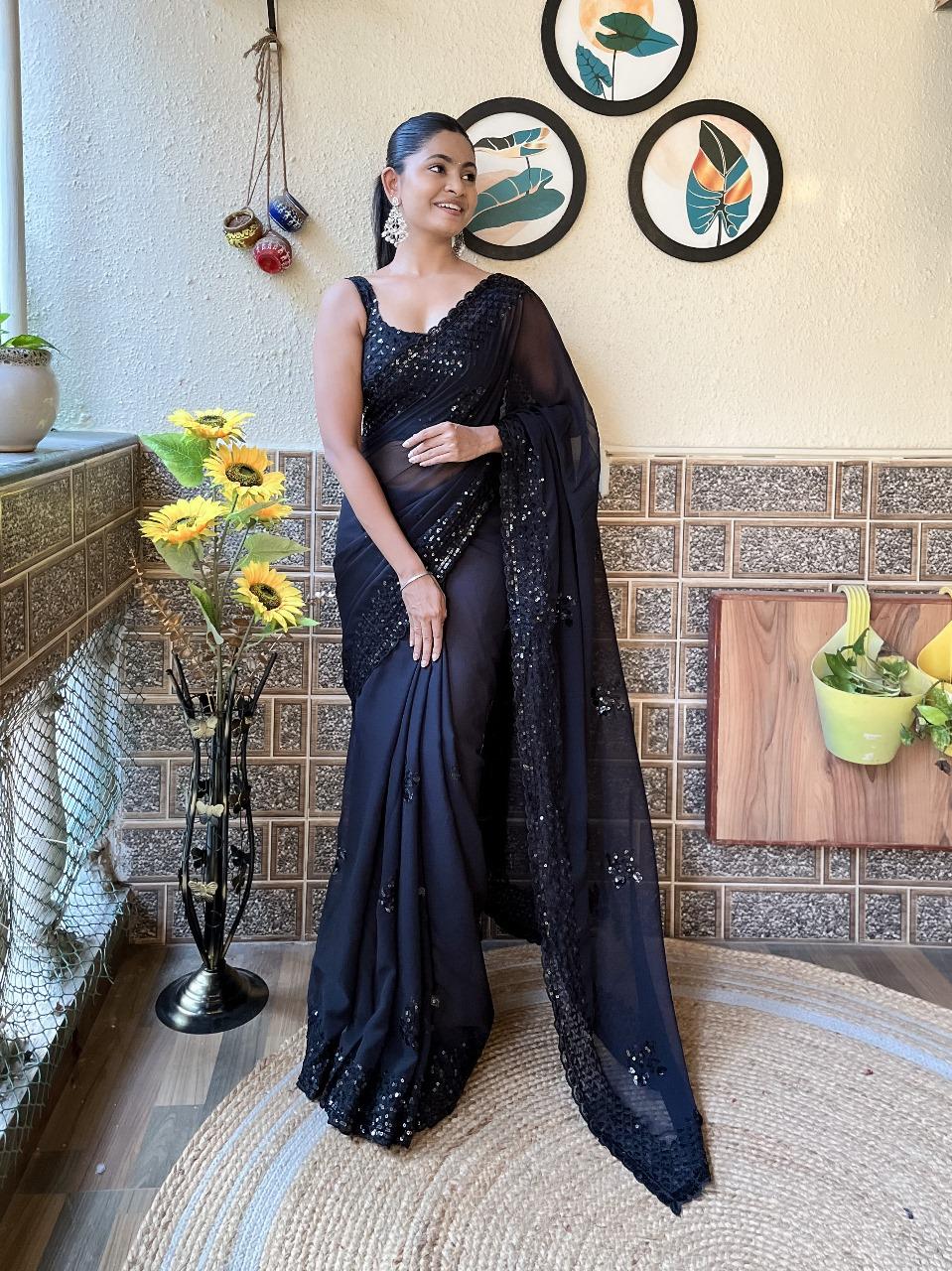 Gorgeous Black Soft Georgette Saree with Embroidery Sequins Work