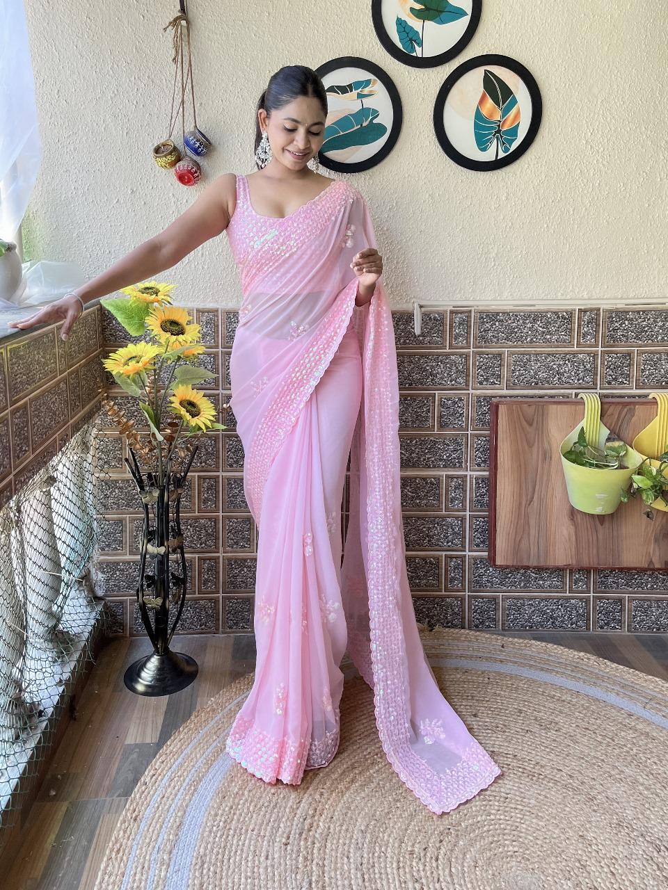 Beautiful Light Pink Georgette Saree with Embroidery Sequins Work