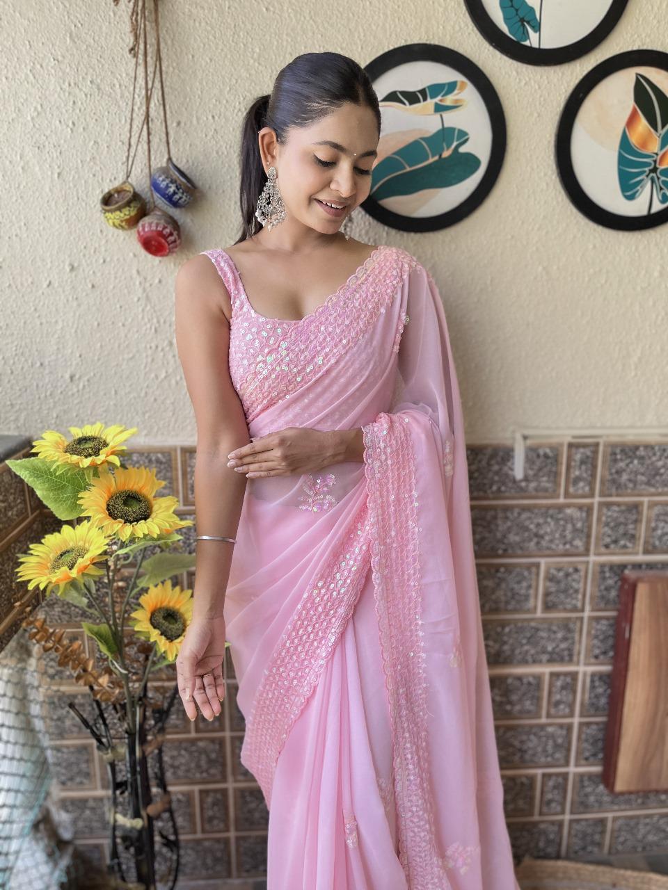 Beautiful Light Pink Georgette Saree with Embroidery Sequins Work